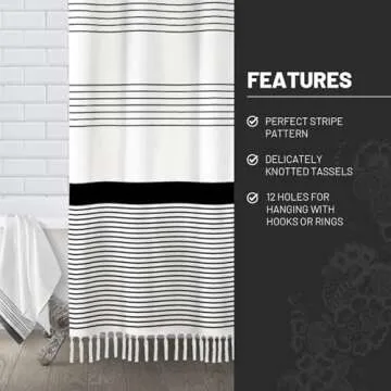 Awellife Black and White Shower Curtain for Bathroom Stripe Tassel Shower Curtain 72 X 72 Inches Farmhouse Linen