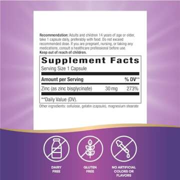 Nature's Way Zinc Chelate, Supports Immune Function*, 30 mg per Serving, 100 Capsules (Packaging May Vary)