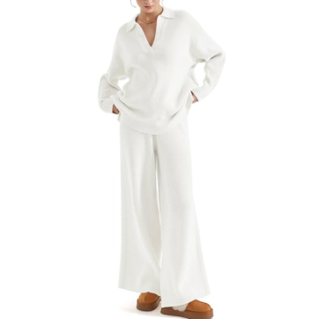 SUUKSESS Women 2 piece Fall outfits Long Sleeve Oversized Matching Lounge Set Waffle Knit Polo Sweat...