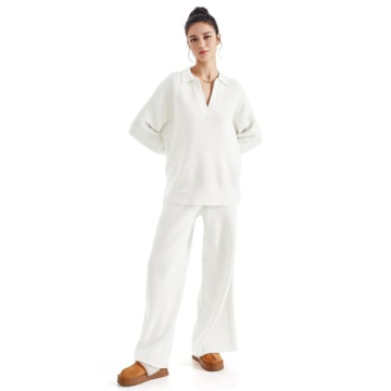 SUUKSESS Women 2 piece Fall outfits Long Sleeve Oversized Matching Lounge Set Waffle Knit Polo Sweater sets (White,M)