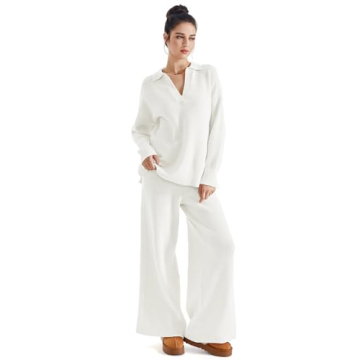 SUUKSESS Women 2 piece Fall outfits Long Sleeve Oversized Matching Lounge Set Waffle Knit Polo Sweater sets (White,M)