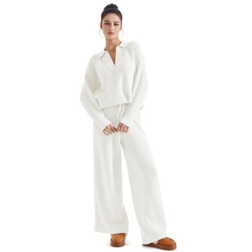 SUUKSESS Women 2 piece Fall outfits Long Sleeve Oversized Matching Lounge Set Waffle Knit Polo Sweater sets (White,M)