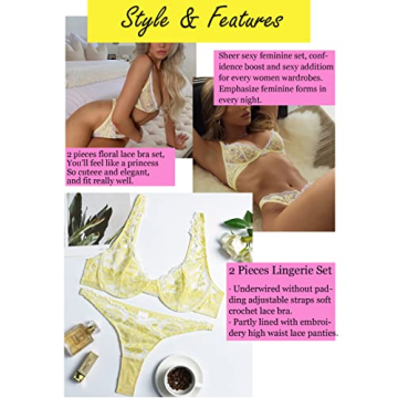 Yellow Floral Lace Lingerie Set - Sexy 2 Piece Bra & Panty