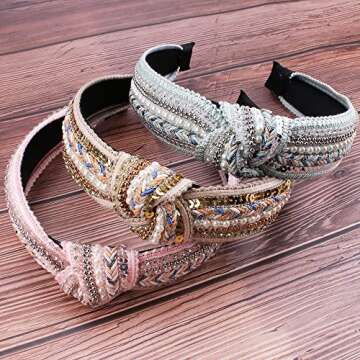 Knotted Headbands for Women, TOBATOBA 3 Pack Rhinestones Pearl Beaded Headbands, Top Knot Boho Headbands, Wide Turban Crystal Pearl Sequin Headbands, Vintage Non Slip Diamond Beaded Bling Hair Band Diademas con Perlas