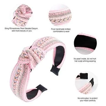 Knotted Headbands for Women, TOBATOBA 3 Pack Rhinestones Pearl Beaded Headbands, Top Knot Boho Headbands, Wide Turban Crystal Pearl Sequin Headbands, Vintage Non Slip Diamond Beaded Bling Hair Band Diademas con Perlas