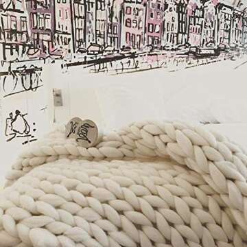 Chunky Knit Blanket Hand Made Merino Wool Throw Boho Bedroom Sofa Home Decor Giant Yarn(Ivory White 40"x40")