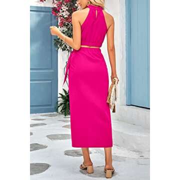 CFLONGE Women's 2 Piece Outfits Casual Sleeveless Halter Crop Top and Draped Ruched Maxi Skirt Set Solid Suiting for Cocktail Party(Rose Red,XX-Large)