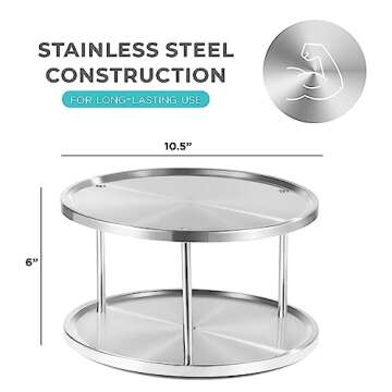 Sagler 2 Tier Lazy Susan Organizer - 360-Degree Stainless Steel Turntable Cabinet Storage for Kitchen, Pantry, Bathroom - Rotating Spice Rack with 2 Round Trays for Food, Seasoning Sagler