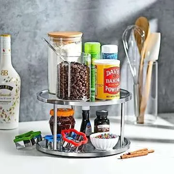 Sagler 2 Tier Lazy Susan Organizer - 360-Degree Stainless Steel Turntable Cabinet Storage for Kitchen, Pantry, Bathroom - Rotating Spice Rack with 2 Round Trays for Food, Seasoning Sagler