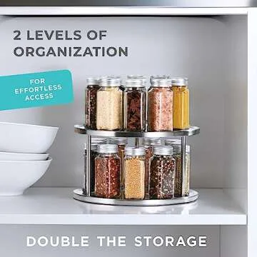 Sagler 2 Tier Lazy Susan Organizer - 360-Degree Stainless Steel Turntable Cabinet Storage for Kitchen, Pantry, Bathroom - Rotating Spice Rack with 2 Round Trays for Food, Seasoning Sagler