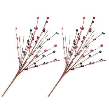 2 Pack Patriotic Artificial Berry Stem Picks White Blue Red Berries for 4th of July Independence Day...