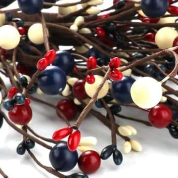 2 Pack Patriotic Artificial Berry Stem Picks White Blue Red Berries for 4th of July Independence Day Memorial Day, Iron Pentagram Faux Berry Branches Decoration for Home Office Doors (A)