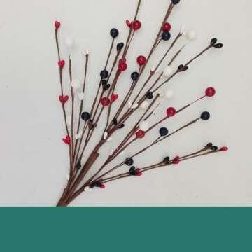 2 Pack Patriotic Artificial Berry Stem Picks White Blue Red Berries for 4th of July Independence Day Memorial Day, Iron Pentagram Faux Berry Branches Decoration for Home Office Doors (A)