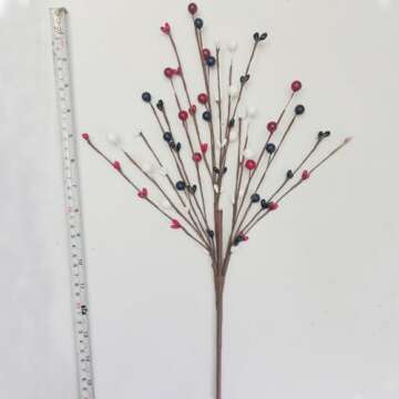 2 Pack Patriotic Artificial Berry Stem Picks White Blue Red Berries for 4th of July Independence Day Memorial Day, Iron Pentagram Faux Berry Branches Decoration for Home Office Doors (A)