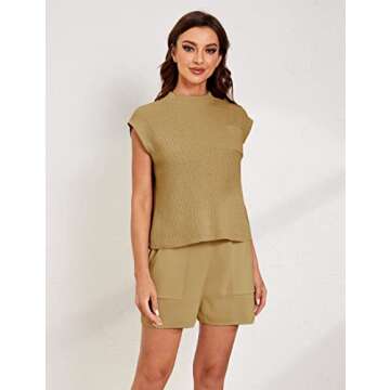 Himosyber Women's Two Piece Outfits Sweater Sets Knit Pullover Vest Short Lounge Tracksuit Sweatsuit (Khaki-M)