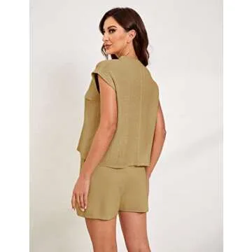 Himosyber Women's Two Piece Outfits Sweater Sets Knit Pullover Vest Short Lounge Tracksuit Sweatsuit (Khaki-M)