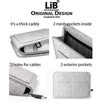 Lib Bedside Caddy, Original Design | Large Size 9.5" x 13.5" | Laptop Holder | 100% Handmade | College Room, Kids Bunk Bed, Hospital Bed | Night Hanging Storage Organizer (Light Gray)