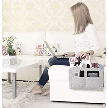 Lib Bedside Caddy, Original Design | Large Size 9.5" x 13.5" | Laptop Holder | 100% Handmade | College Room, Kids Bunk Bed, Hospital Bed | Night Hanging Storage Organizer (Light Gray)