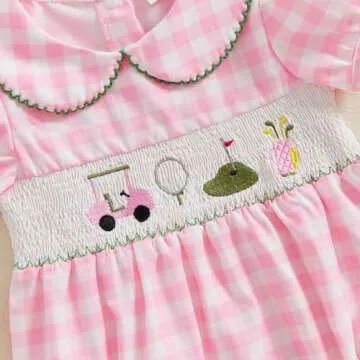 Bonangber Baby Girl Golf Outfit Plaid Print Short Sleeve Romper Smocked Bodysuit Cute Newborn Baby Girl Summer Clothes(D-Pink Golf,6-12 Months)