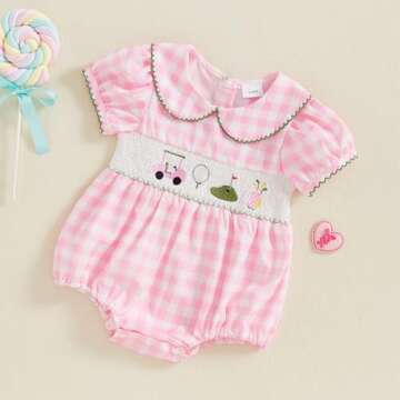 Bonangber Baby Girl Golf Outfit Plaid Print Short Sleeve Romper Smocked Bodysuit Cute Newborn Baby Girl Summer Clothes(D-Pink Golf,6-12 Months)
