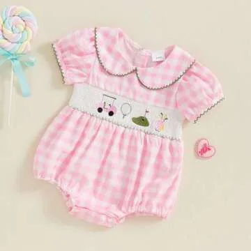 Bonangber Baby Girl Golf Outfit Plaid Print Short Sleeve Romper Smocked Bodysuit Cute Newborn Baby Girl Summer Clothes(D-Pink Golf,6-12 Months)