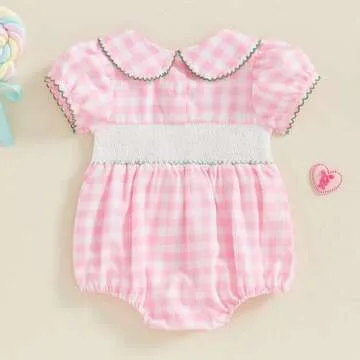 Bonangber Baby Girl Golf Outfit Plaid Print Short Sleeve Romper Smocked Bodysuit Cute Newborn Baby Girl Summer Clothes(D-Pink Golf,6-12 Months)