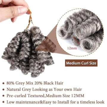 MIMAN 5 Packs 10 Inch Short Grey Crochet Hair Braids for Black Women 12MM Curly Synthetic Gray Crochet Hair Extensions for DIY Mohawk Afro Braided Wigs(Black mix Grey)