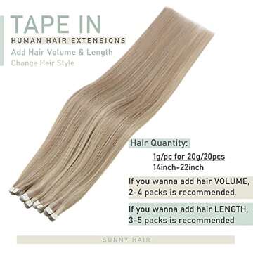Sunny Tape in Extensions Human Hair Blonde Remy Straight Warm Ash Blonde Highlights Double Sided Human Hair Tape in Extensions Invisible Mini Tape Extensions 1g/pc 20pcs 16inch