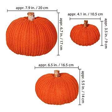 Set of 3 Faux Fall Decorative Orange Pumpkins Crochet Pumpkins Knit Pumpkins Foam Pumpkins for Rusti...