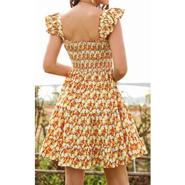 PRETTYGARDEN Summer Dresses for Women 2024 Vacation Floral Boho Ruffle Strap Tiered Mini Short Aline Beach Sun Dresses Orange Yellow