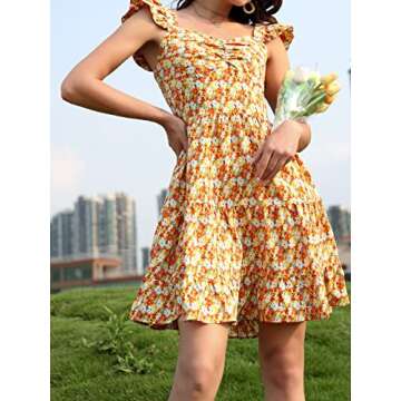 PRETTYGARDEN Summer Dresses for Women 2024 Vacation Floral Boho Ruffle Strap Tiered Mini Short Aline Beach Sun Dresses Orange Yellow