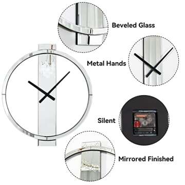 SHYFOY Wall Clock Decorative Large Clock Living Room Decor - 23" Big Clock All Mirror Glass Finish, Modern Clock for Wall Round Wall Decor for Office Bedroom Fireplace Decor