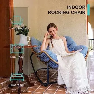 SWITTE Outdoor & Indoor Rocking Chair - Rattan Wicker Lounge Chair for Bedroom, Living Room, Porch, Garden, Lawn - Blue