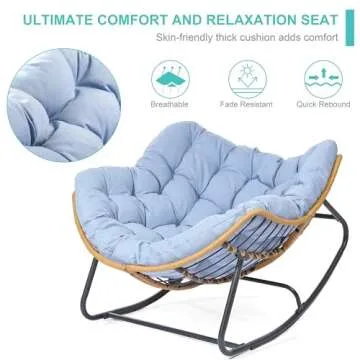 SWITTE Outdoor & Indoor Rocking Chair - Rattan Wicker Lounge Chair for Bedroom, Living Room, Porch, Garden, Lawn - Blue