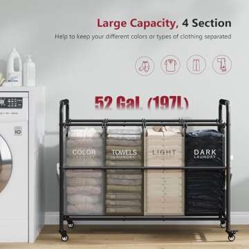 Tajsoon 4 Bag Laundry Sorter Cart, 4 Section Laundry Hamper Sorter with Heavy Duty Lockable Rolling Wheels, Laundry Separator Hamper with Removable Bags for Dirty Clothes Storage, 4 Colors
