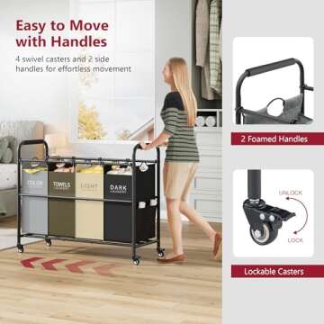 Tajsoon 4 Bag Laundry Sorter Cart, 4 Section Laundry Hamper Sorter with Heavy Duty Lockable Rolling Wheels, Laundry Separator Hamper with Removable Bags for Dirty Clothes Storage, 4 Colors