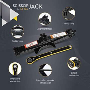 Amvia Scissor Jack for Car - 1.5 Ton (3,300 lbs) | Car Jack Kit - Tire Jack | Portable, Ideal for SUV and Auto - Smart Mechanism with Ratchet | Heavy Duty Material
