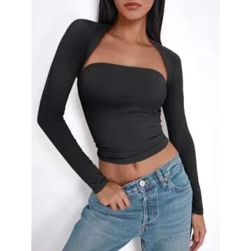 Trendy Queen Womens Going Out Tops Long Sleeve Shirts Tube Crop Cute Y2K Top Shrug Basic Bandeau Str...