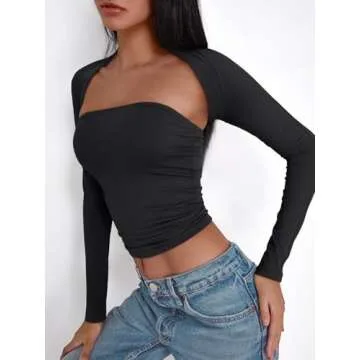 Trendy Queen Womens Going Out Tops Long Sleeve Shirts Tube Crop Cute Y2K Top Shrug Basic Bandeau Strapless Slim Fits 2025 Fashion Clothes Separately Black S