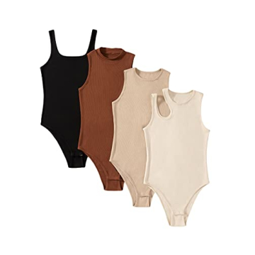 MakeMeChic Women's 4 Piece Sexy Bodysuits Casual Solid Sleeveless Ribbed Knit Shapewear Tank Top Bod...