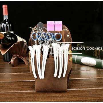 Scissor Pouch Belt, Cowhide Leather Salon Barber Hairdressing Scissor Holster Hair Stylist Shears Holder Tools Waist Bag with Adjustable Strap for Combs, Hair Clips