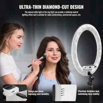 Ring Light with Stand, 19in LED Selfie Circle Light, Max 8ft/2.5m Tripod Stand, 3 Holders for iPhone, Remote Control, 6300K Color Temperature for Live Streaming, Barber, Makeup, YouTube, Tiktok