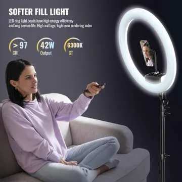 Ring Light with Stand, 19in LED Selfie Circle Light, Max 8ft/2.5m Tripod Stand, 3 Holders for iPhone, Remote Control, 6300K Color Temperature for Live Streaming, Barber, Makeup, YouTube, Tiktok