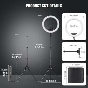 Ring Light with Stand, 19in LED Selfie Circle Light, Max 8ft/2.5m Tripod Stand, 3 Holders for iPhone, Remote Control, 6300K Color Temperature for Live Streaming, Barber, Makeup, YouTube, Tiktok