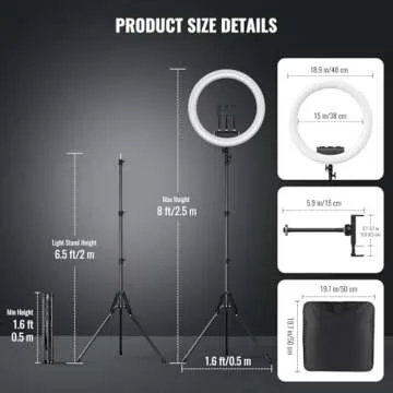 Ring Light with Stand, 19in LED Selfie Circle Light, Max 8ft/2.5m Tripod Stand, 3 Holders for iPhone, Remote Control, 6300K Color Temperature for Live Streaming, Barber, Makeup, YouTube, Tiktok