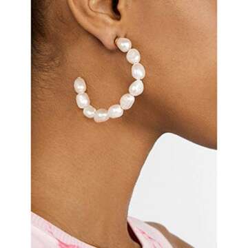 Pearl Hoop Earrings for Women Lightweight Faux Pearl Beaded Earrings Open Hoop Dangle Earrings Bridal Gifts (pure pearls hoop style)