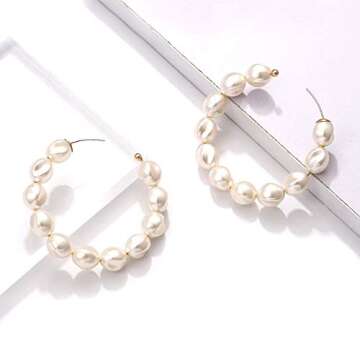 Pearl Hoop Earrings for Women Lightweight Faux Pearl Beaded Earrings Open Hoop Dangle Earrings Bridal Gifts (pure pearls hoop style)