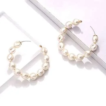 Pearl Hoop Earrings for Women Lightweight Faux Pearl Beaded Earrings Open Hoop Dangle Earrings Bridal Gifts (pure pearls hoop style)
