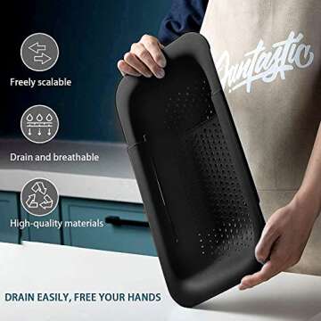 Collapsible Sink Colanders and Strainers Basket Extendable Plastic Fruit Vegetable Strainer Drainer Basket for Kitchen (Length 13.6 inch-18.7 inch) (Black)