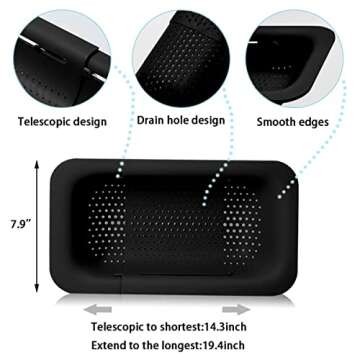 Collapsible Sink Colanders and Strainers Basket Extendable Plastic Fruit Vegetable Strainer Drainer Basket for Kitchen (Length 13.6 inch-18.7 inch) (Black)